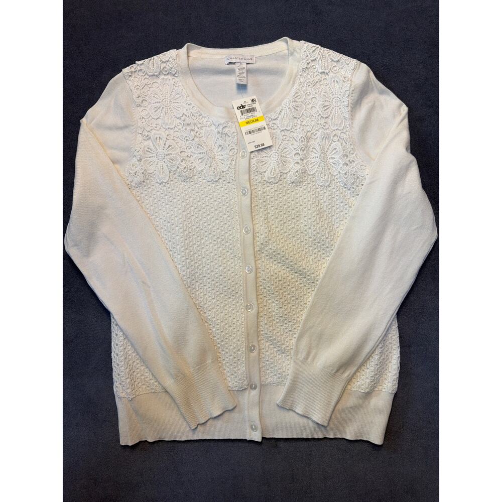 NWT Charter Club Ladies Crochet Design Dressy Cardigan White Medium
